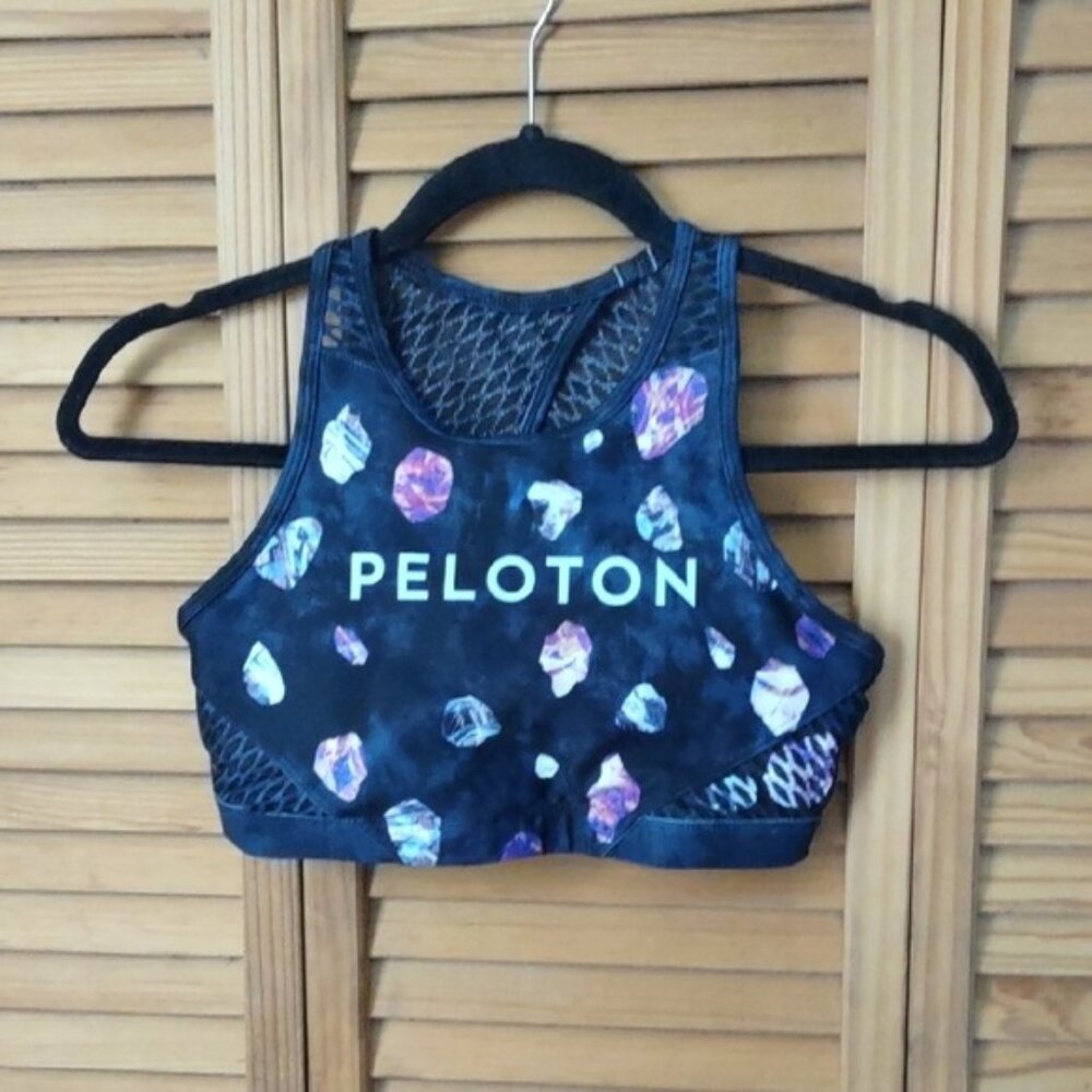WITH Peloton Black Navy Blue Racer Back Cutout Mesh Removable Pads Sports Bra S